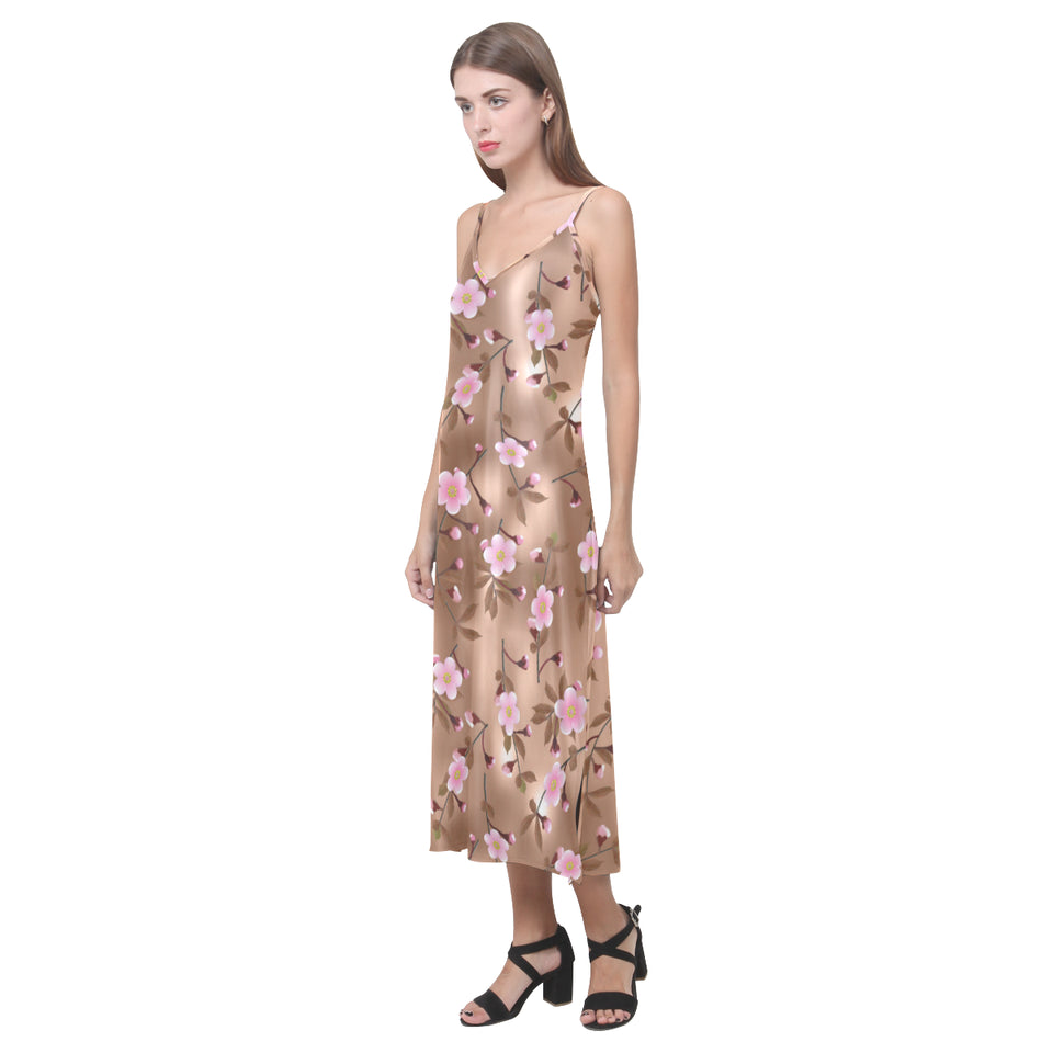 Pink sakura cherry blossom drak brown background V-Neck Open Fork Long Dress