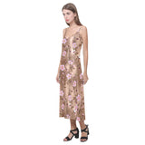 Pink sakura cherry blossom drak brown background V-Neck Open Fork Long Dress
