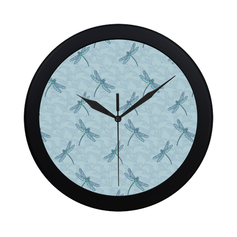 Dragonfly pattern blue background Elegant Black Wall Clock