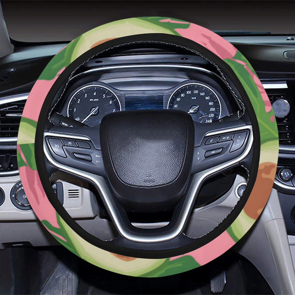 Avocado slices leaves pink back ground Car Steering Wheel Cover