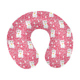 Maneki neko cat sakura pink background U-Shaped Travel Neck Pillow