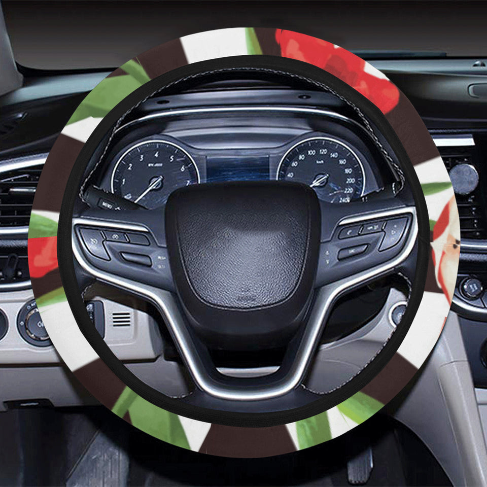red and white tulips pattern Car Steering Wheel Cover