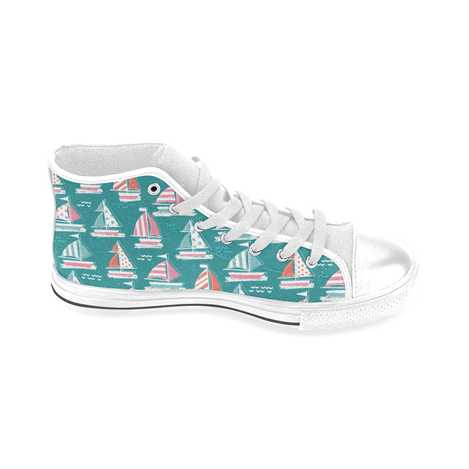 Cute sailboat pattern Men's High Top Canvas Shoes White