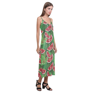 Watermelons tropical palm leaves pattern backgroun V-Neck Open Fork Long Dress
