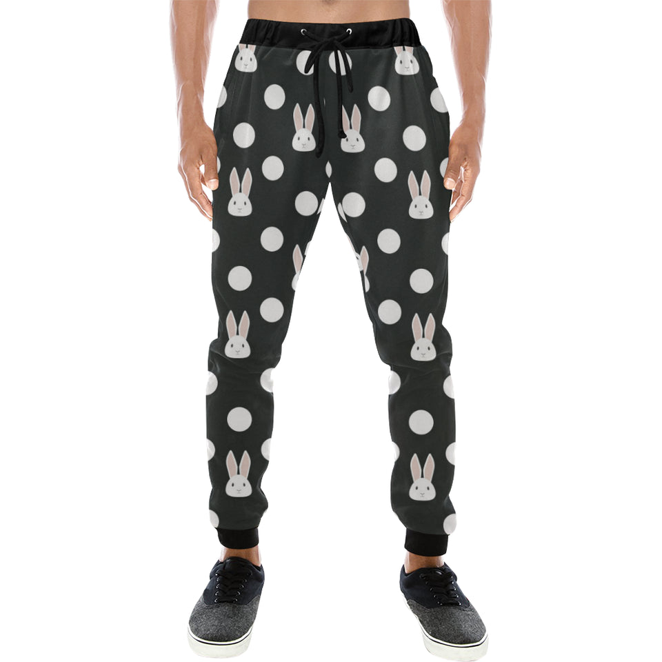Cute white rabbit polka dots black background Unisex Casual Sweatpants