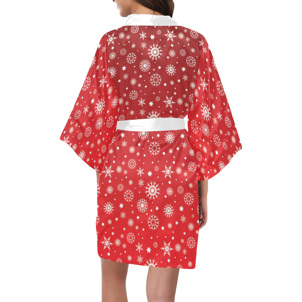 Snowflake pattern red background Women's Short Kimono Robe