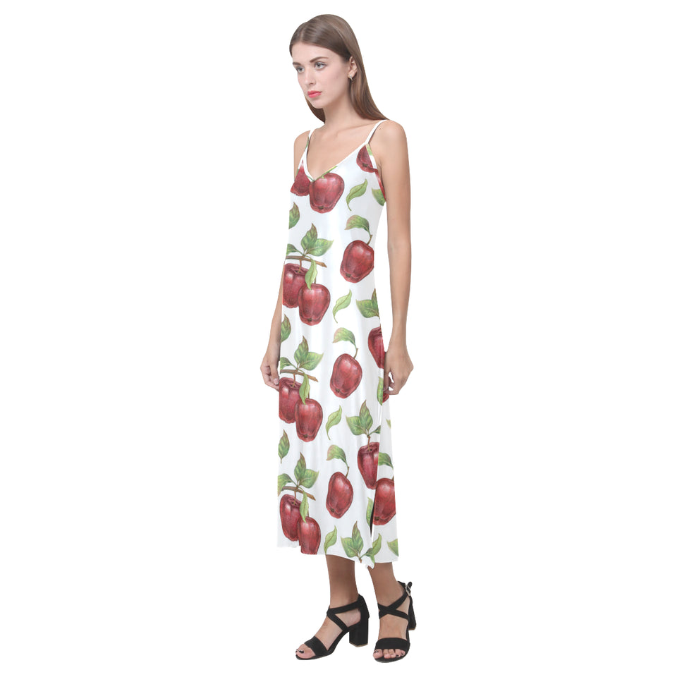 Red apples pattern V-Neck Open Fork Long Dress