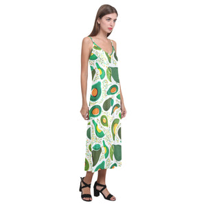 Avocado design pattern V-Neck Open Fork Long Dress