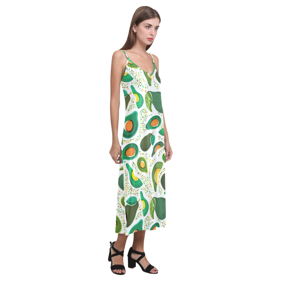Avocado design pattern V-Neck Open Fork Long Dress