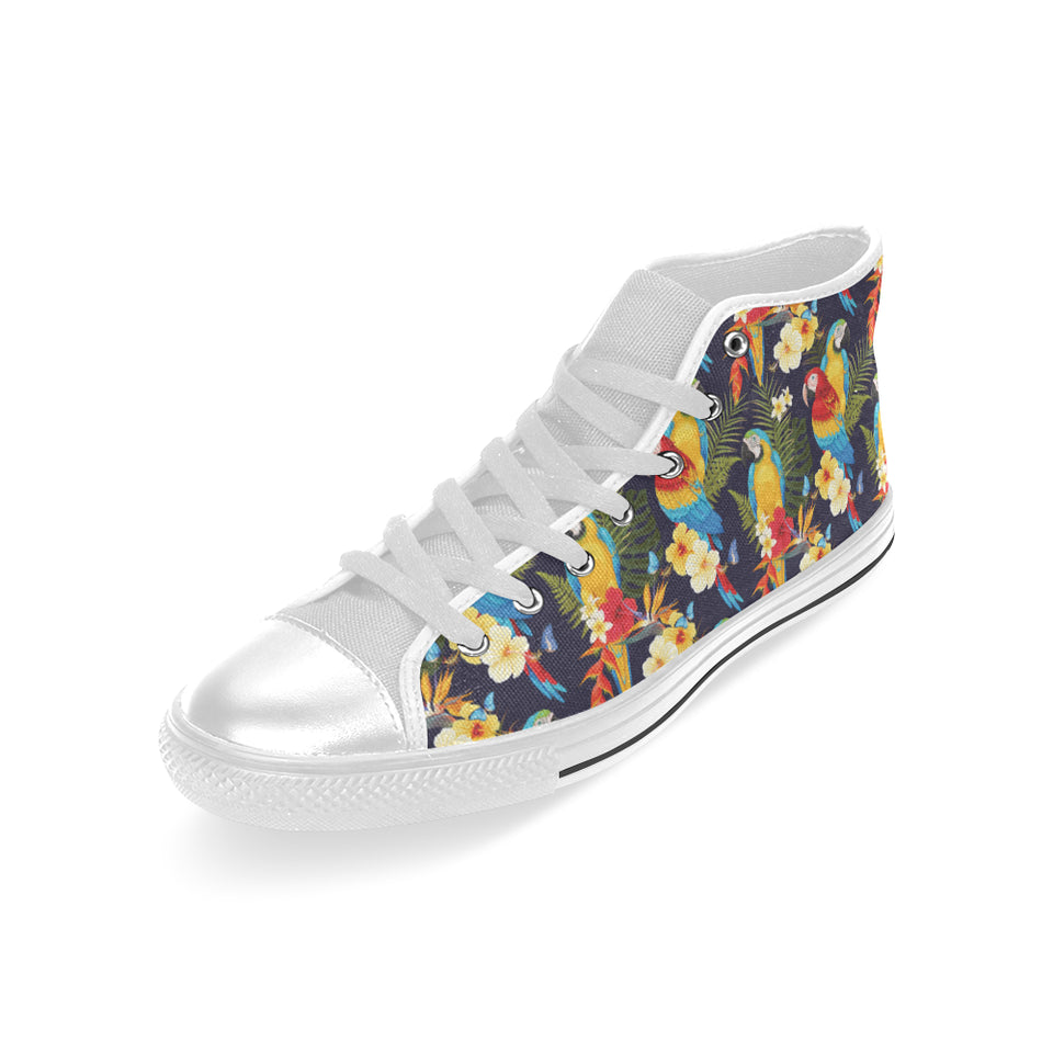 Colorful parrot flower pattern Men's High Top Canvas Shoes White