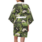 White orchid flower tropical leaves pattern blackg Women's Short Kimono Robe