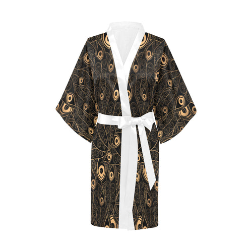 Gold peacock feather pattern Women's Short Kimono Robe
