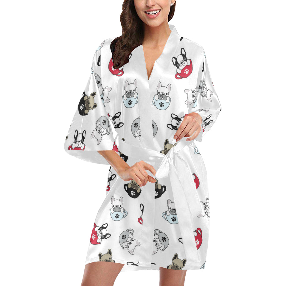 French bulldog cup paw pattern Women's Short Kimono Robe