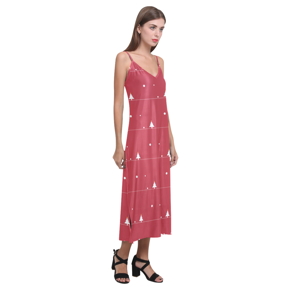 Christmas tree star snow red background V-Neck Open Fork Long Dress