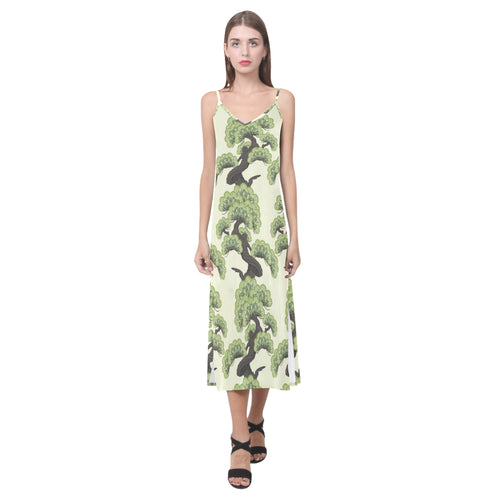 Bonsai pattern V-Neck Open Fork Long Dress