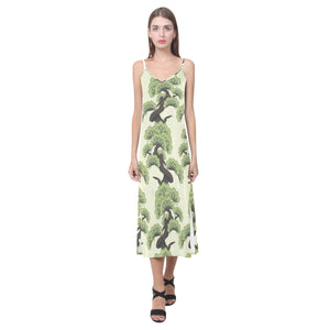 Bonsai pattern V-Neck Open Fork Long Dress
