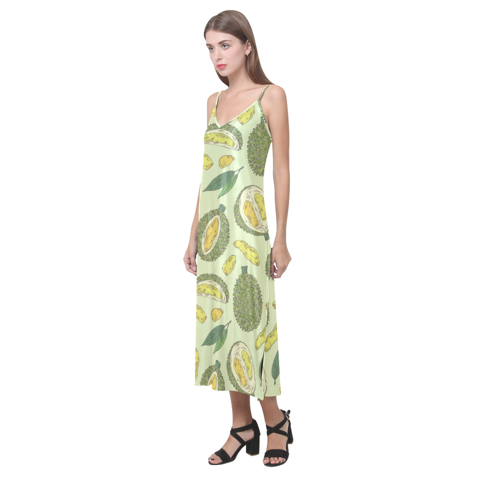Durian leaves pattern background V-Neck Open Fork Long Dress