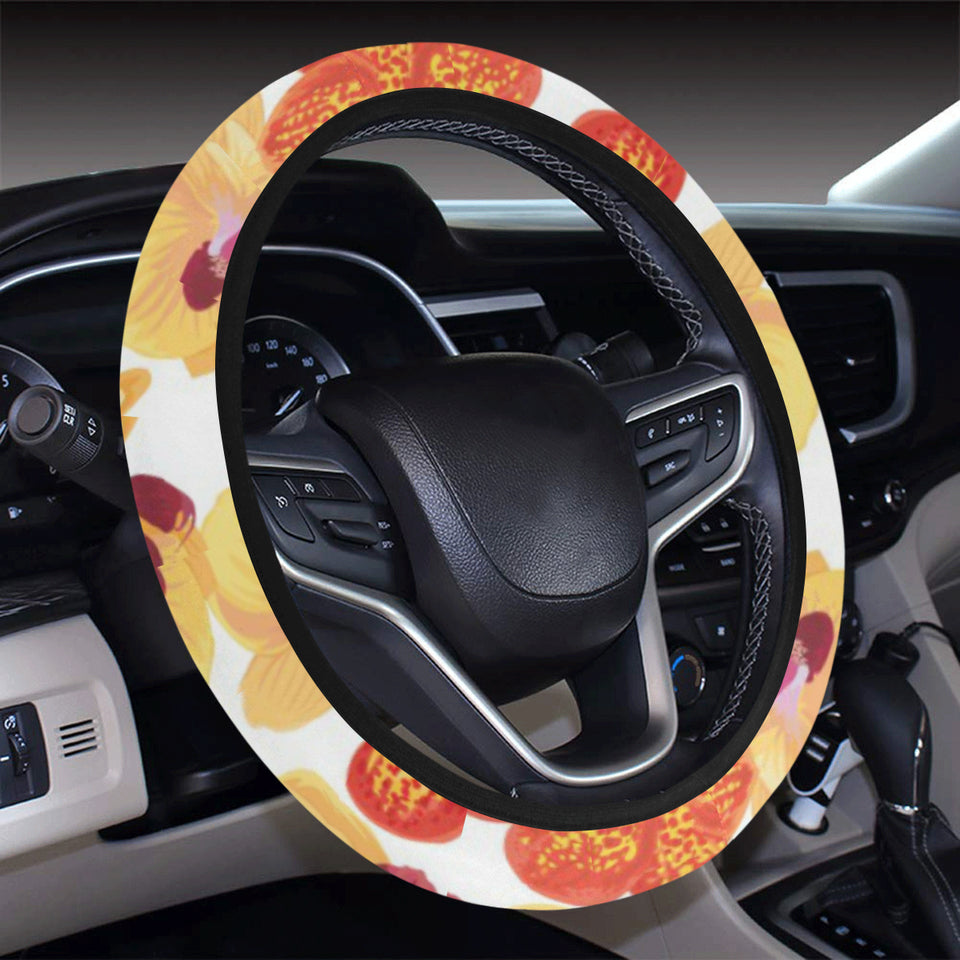 Orange yellow orchid flower pattern background Car Steering Wheel Cover
