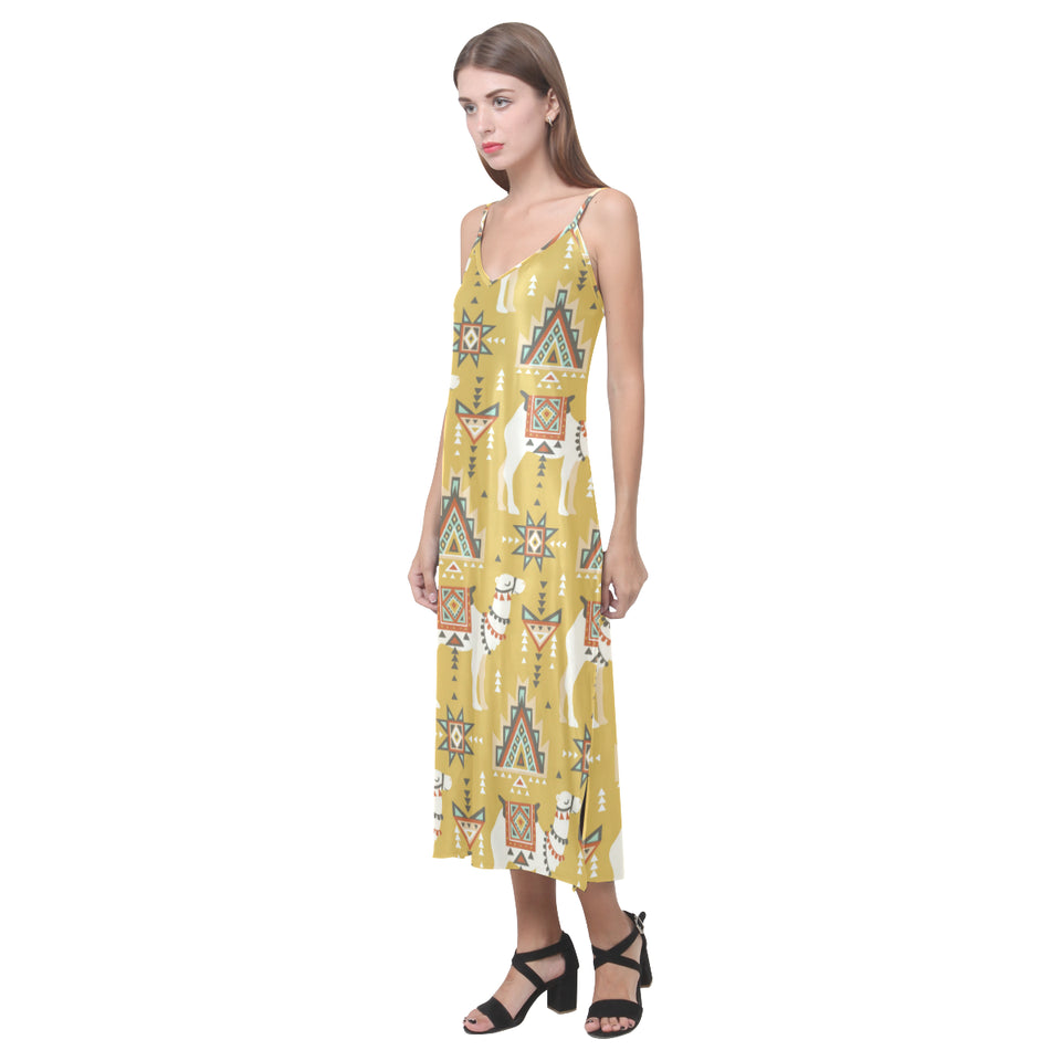 Camels ethnic motif pattern V-Neck Open Fork Long Dress