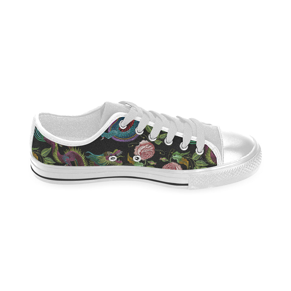 Dragons flower pattern Men's Low Top Shoes White