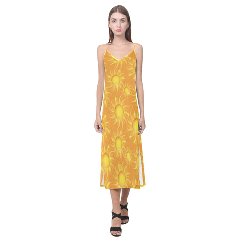 Sun orange background V-Neck Open Fork Long Dress