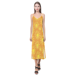 Sun orange background V-Neck Open Fork Long Dress