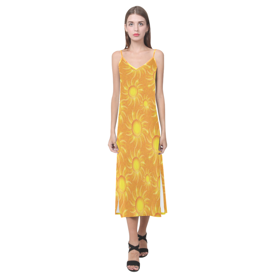 Sun orange background V-Neck Open Fork Long Dress