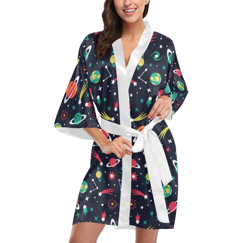 colorful space pattern planet star Women's Short Kimono Robe