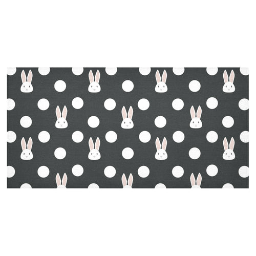 Cute white rabbit polka dots black background Tablecloth