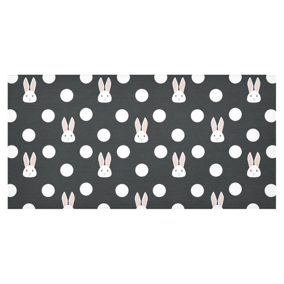 Cute white rabbit polka dots black background Tablecloth