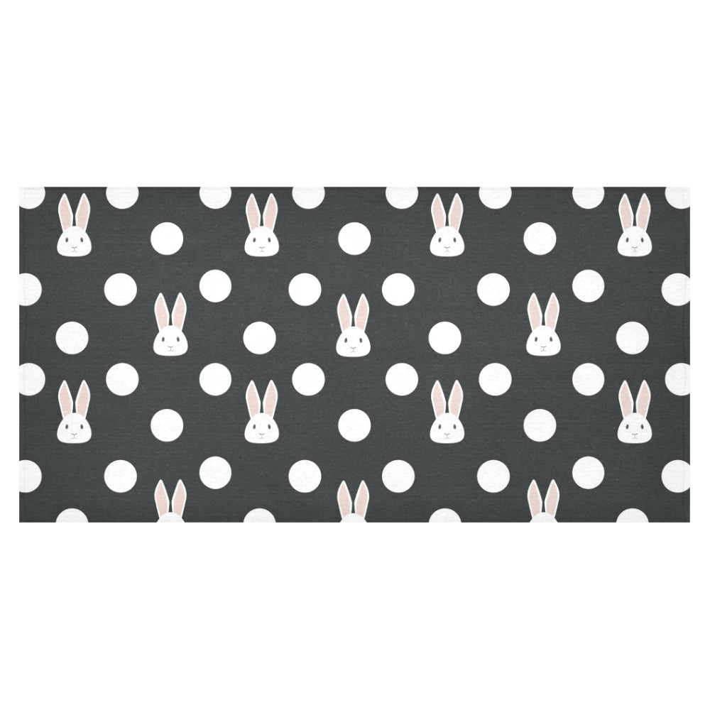 Cute white rabbit polka dots black background Tablecloth