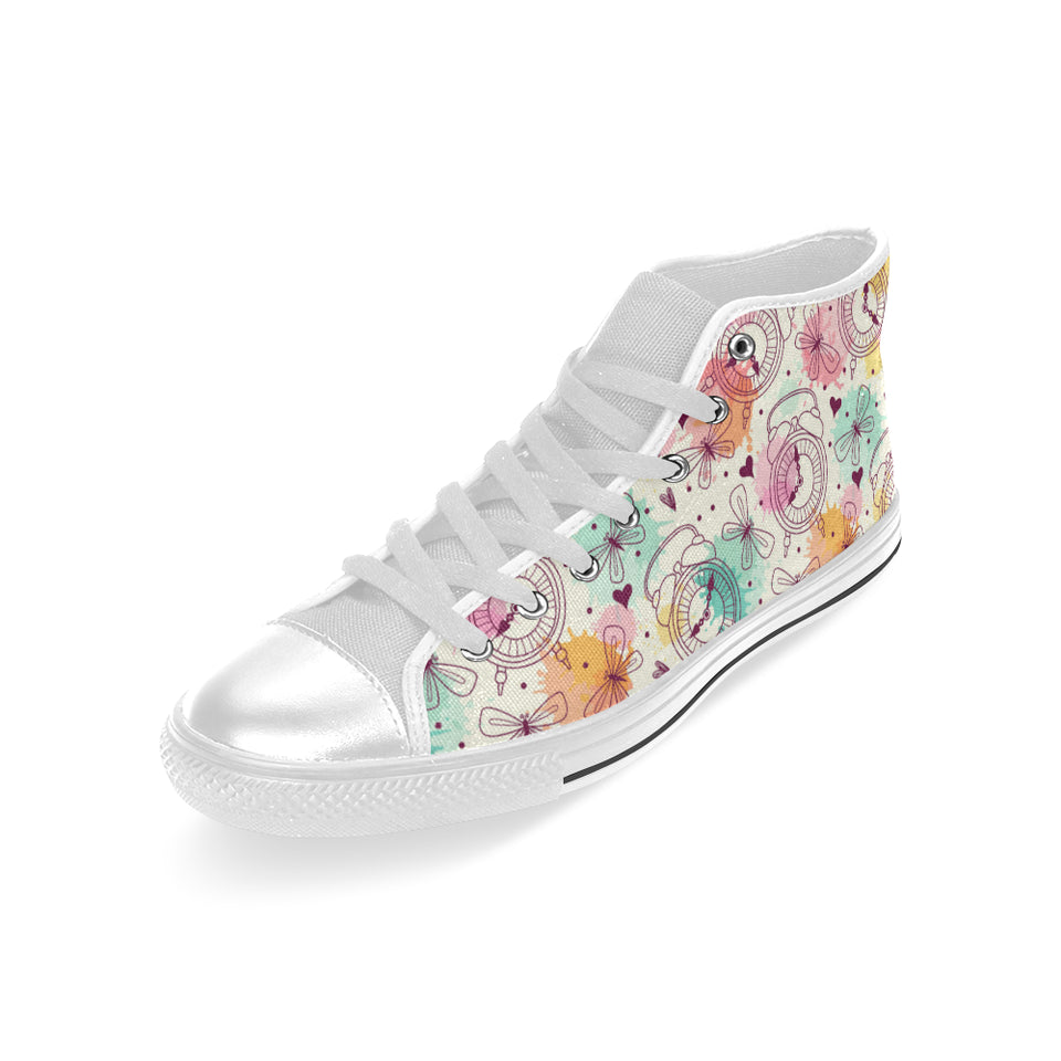 Clock butterfly pattern Men's High Top Canvas Shoes White