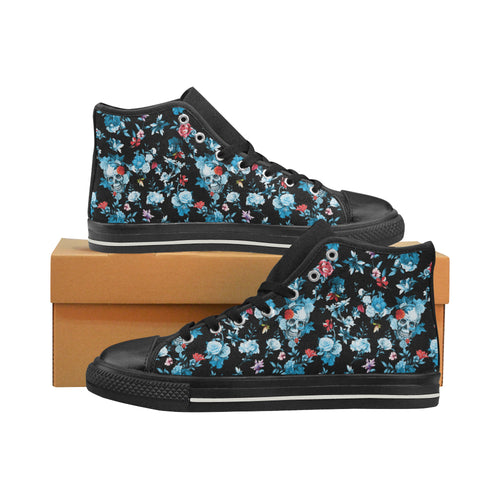 Skull flower roses leave pattern Women's High Top Canvas Shoes Black