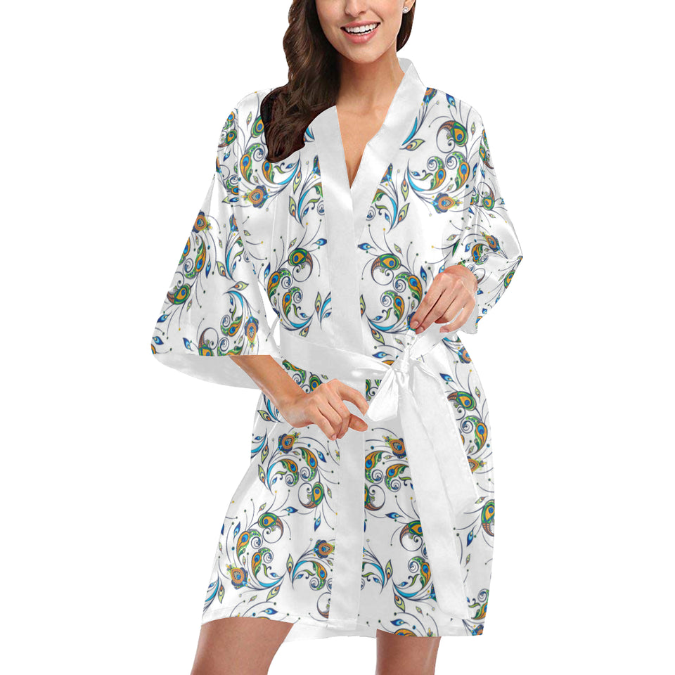Peacock feather pattern Women's Short Kimono Robe