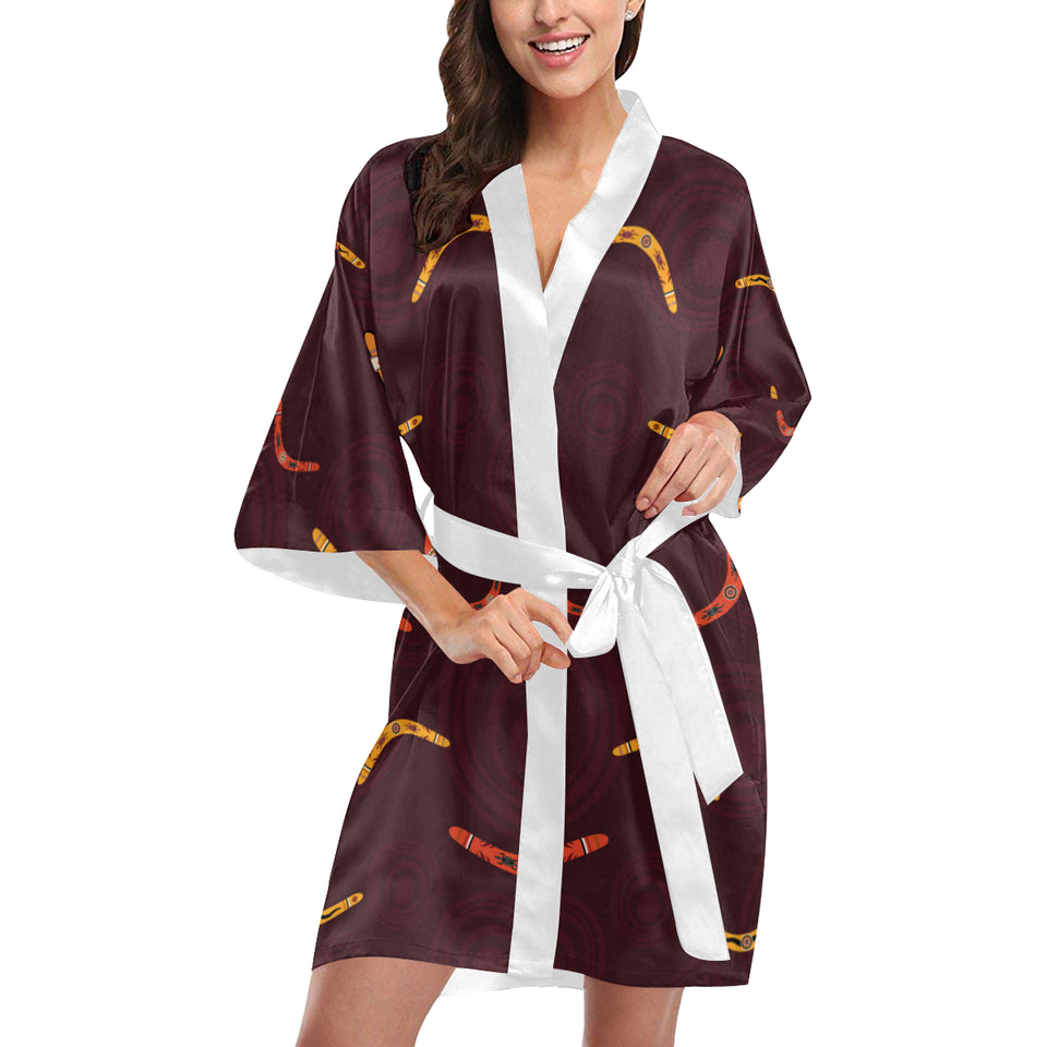 Boomerang Australian aboriginal ornament circle bl Women's Short Kimono Robe