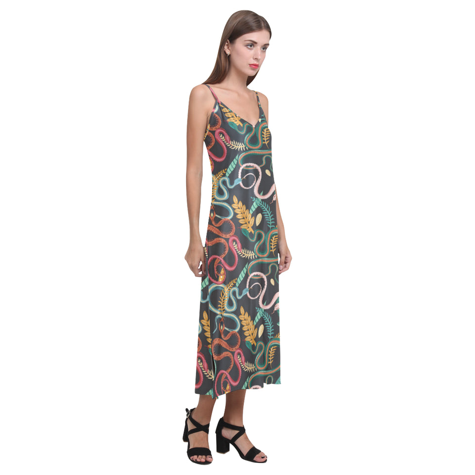 Colorful snake plant pattern V-Neck Open Fork Long Dress
