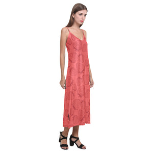 strawberry pattern red background V-Neck Open Fork Long Dress