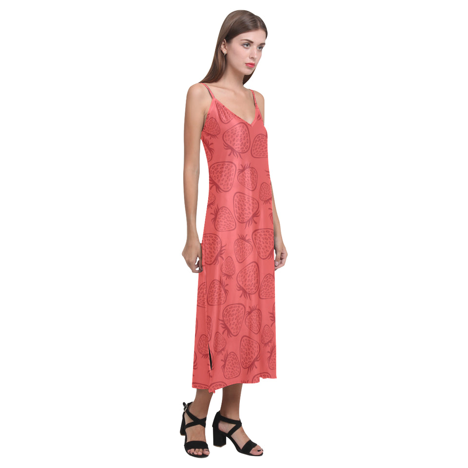 strawberry pattern red background V-Neck Open Fork Long Dress