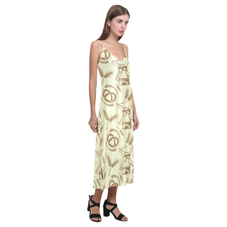 Windmill Wheat pattern V-Neck Open Fork Long Dress