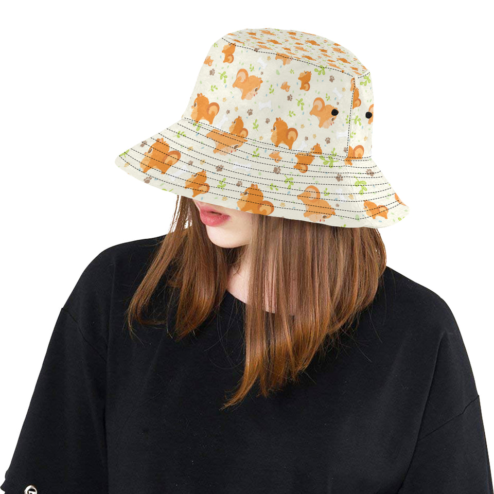 Cute brown pomeranian paw leave bone pattern Unisex Bucket Hat