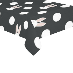 Cute white rabbit polka dots black background Tablecloth