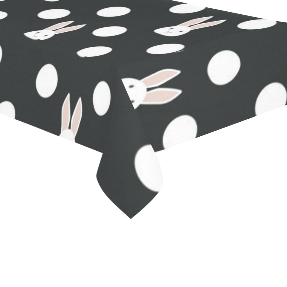 Cute white rabbit polka dots black background Tablecloth