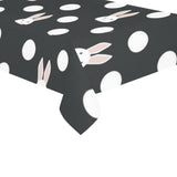 Cute white rabbit polka dots black background Tablecloth