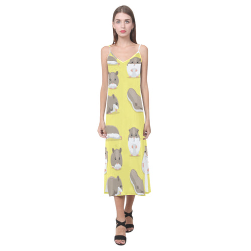 Cute Hamster pattern V-Neck Open Fork Long Dress
