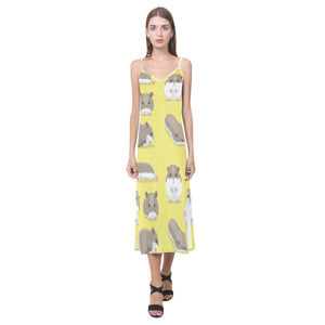 Cute Hamster pattern V-Neck Open Fork Long Dress