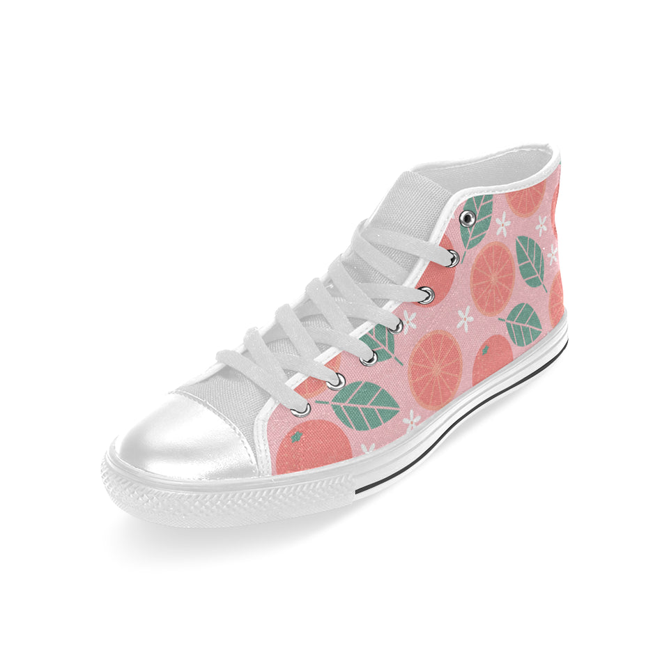 Grapefruit leaves flower pink background Men's High Top Canvas Shoes White