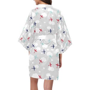 Airplane cloud grey background Women's Short Kimono Robe