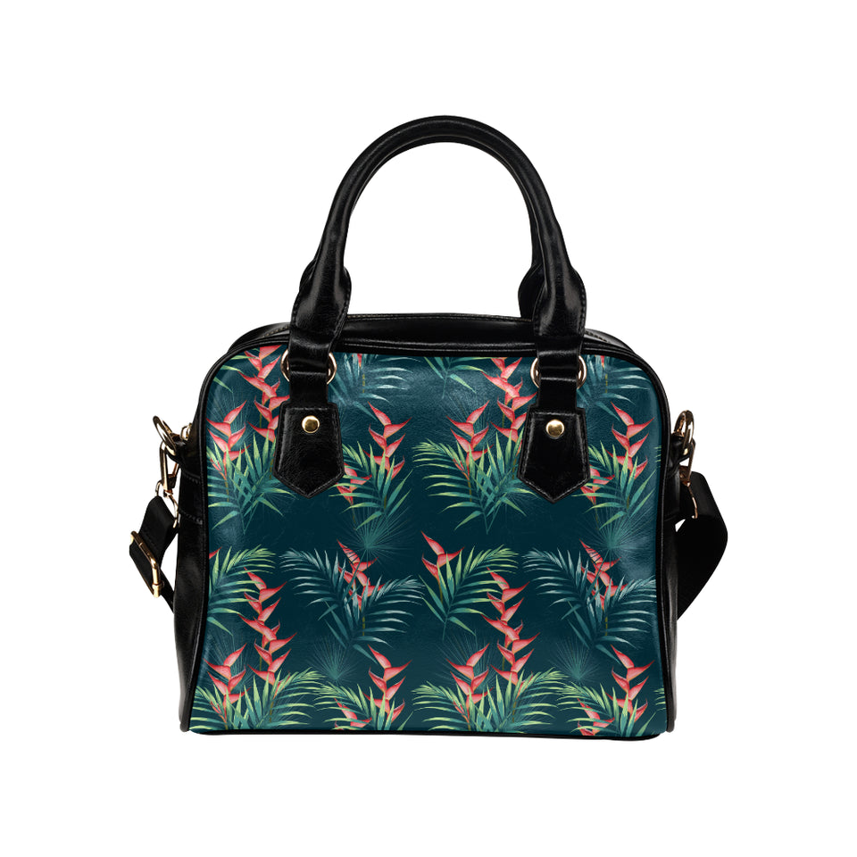 heliconia flowers, palm and monstera leaves on bla Shoulder Handbag