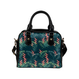 heliconia flowers, palm and monstera leaves on bla Shoulder Handbag