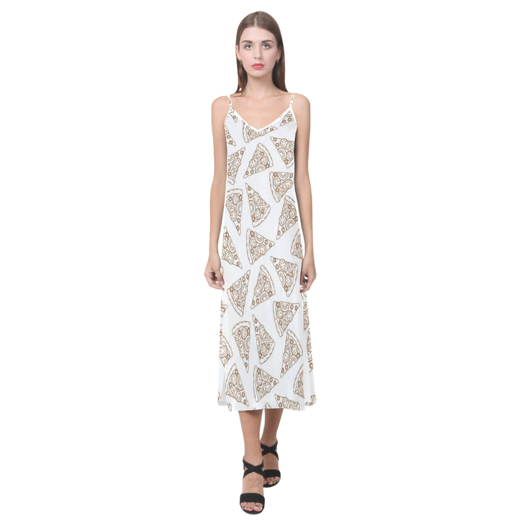 Hand drawn pizza pattern V-Neck Open Fork Long Dress